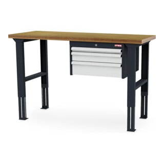 STIER Banco da lavoro regolabile in altezza con 1 cassetto da 50 mm, 1 cassetto da 100 mm, 1 cassetto da 150 mm largh.xprof.xalt. 1500x600x760-1060 mm RAL 7016 / RAL 7035