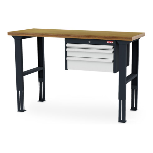 STIER Banco da lavoro regolabile in altezza con 1 cassetto da 50 mm, 1 cassetto da 100 mm, 1 cassetto da 150 mm largh.xprof.xalt. 1500x600x760-1060 mm RAL 7016 / RAL 7035