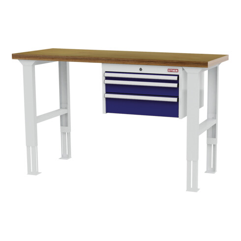 STIER Banco da lavoro regolabile in altezza con 1 cassetto da 50 mm, 1 cassetto da 100 mm, 1 cassetto da 150 mm largh.xprof.xalt. 1500x600x760-1060 mm RAL 7035 / RAL 5010
