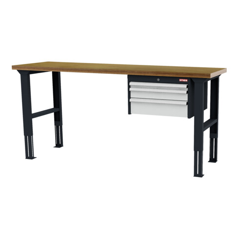 STIER Banco da lavoro regolabile in altezza con 1 cassetto da 50 mm, 1 cassetto da 100 mm, 1 cassetto da 150 mm largh.xprof.xalt. 2000x600x760-1060 mm RAL 7016 / RAL 7035