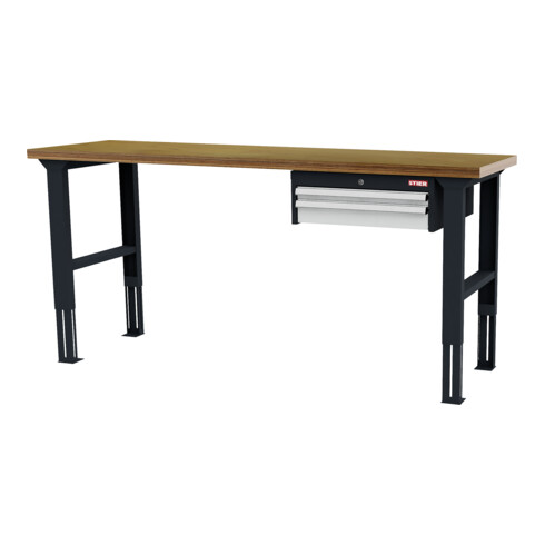 STIER Banco da lavoro regolabile in altezza con 1 cassetto da 50 mm, 1 cassetto da 100 mm largh.xprof.xalt. 2000x600x760-1060 mm RAL 7016 / RAL 7035
