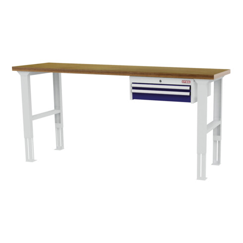 STIER Banco da lavoro regolabile in altezza con 1 cassetto da 50 mm, 1 cassetto da 100 mm largh.xprof.xalt. 2000x600x760-1060 mm RAL 7035 / RAL 5010