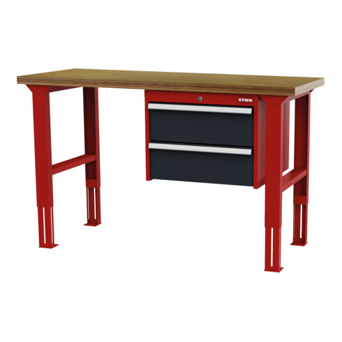 STIER Banco da lavoro regolabile in altezza con 2 cassetti da 200 mm largh.xprof.xalt. 1500x600x760-1060 mm RAL 3020 / RAL 7016