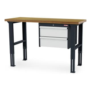 STIER Banco da lavoro regolabile in altezza con 2 cassetti da 200 mm largh.xprof.xalt. 1500x600x760-1060 mm RAL 7016 / RAL 7035