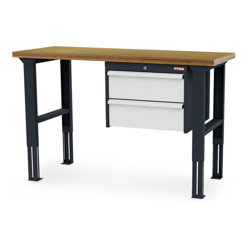 STIER Banco da lavoro regolabile in altezza con 2 cassetti da 200 mm largh.xprof.xalt. 1500x600x760-1060 mm RAL 7016 / RAL 7035