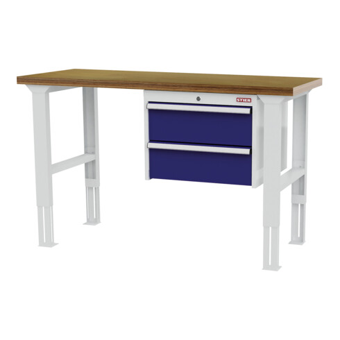 STIER Banco da lavoro regolabile in altezza con 2 cassetti da 200 mm largh.xprof.xalt. 1500x600x760-1060 mm RAL 7035 / RAL 5010