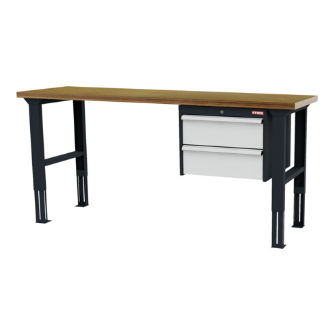 STIER Banco da lavoro regolabile in altezza con 2 cassetti da 200 mm largh.xprof.xalt. 2000x600x760-1060 mm RAL 7016 / RAL 7035