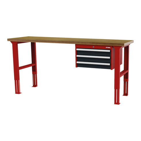 STIER Banco da lavoro regolabile in altezza con 3 cassetti da 100 mm largh.xprof.xalt. 1500x600x760-1060 mm RAL 3020 / RAL 7016