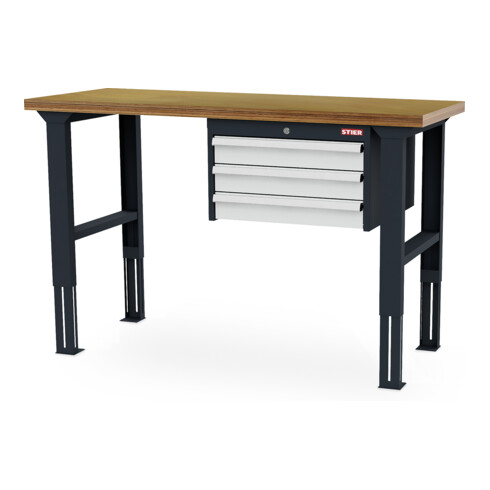 STIER Banco da lavoro regolabile in altezza con 3 cassetti da 100 mm largh.xprof.xalt. 1500x600x760-1060 mm RAL 7016 / RAL 7035