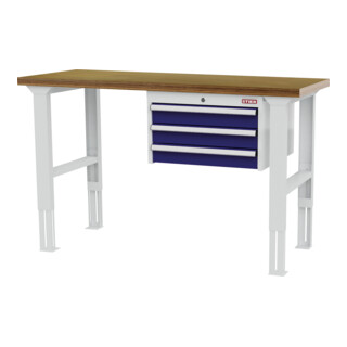 STIER Banco da lavoro regolabile in altezza con 3 cassetti da 100 mm largh.xprof.xalt. 1500x600x760-1060 mm RAL 7035 / RAL 5010