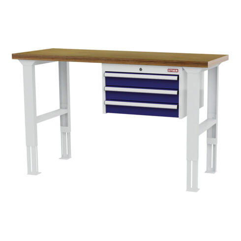 STIER Banco da lavoro regolabile in altezza con 3 cassetti da 100 mm largh.xprof.xalt. 1500x600x760-1060 mm RAL 7035 / RAL 5010