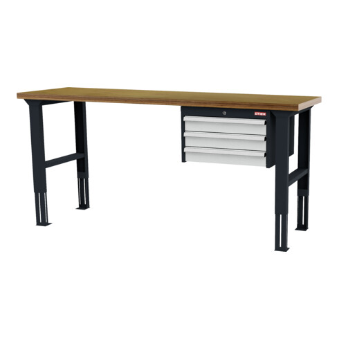 STIER Banco da lavoro regolabile in altezza con 3 cassetti da 100 mm largh.xprof.xalt. 2000x600x760-1060 mm RAL 7016 / RAL 7035