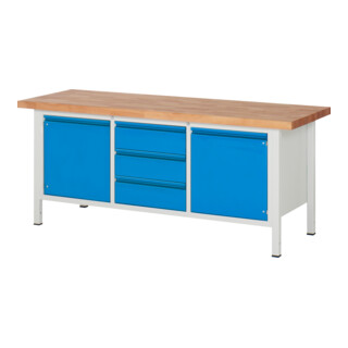 STIER Banco da lavoro regolabile in altezza Premium con 3 cassetti e 2 ante battenti largh.xprof.xalt. 2000x700x840-1040 mm RAL 7035 / RAL 5012