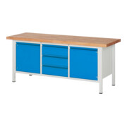 STIER Banco da lavoro regolabile in altezza Premium con 3 cassetti e 2 ante battenti largh.xprof.xalt. 2000x700x840-1040 mm RAL 7035 / RAL 5012