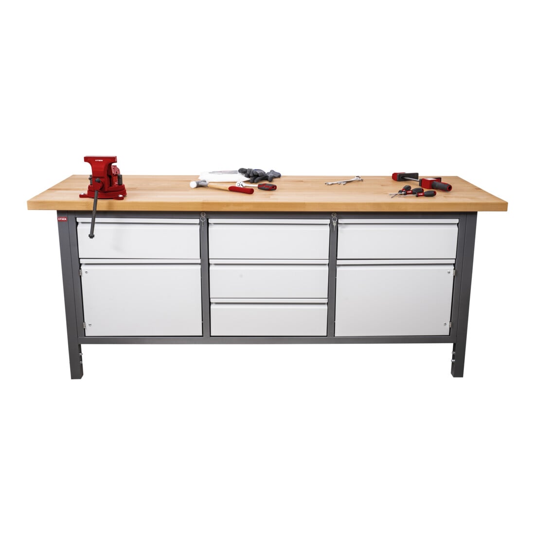 STIER Banco da lavoro regolabile in altezza Premium con 5 cassetti e 2 ante battenti largh.xprof.xalt. 2000x700x840-1040 mm