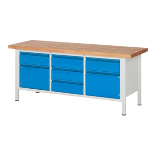 STIER Banco da lavoro regolabile in altezza Premium con 5 cassetti e 2 ante battenti largh.xprof.xalt. 2000x700x840-1040 mm RAL 7035 / RAL 5012