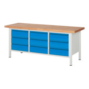 STIER Banco da lavoro regolabile in altezza Premium con 9 cassetti largh.xprof.xalt. 2000x700x840-1040 mm RAL 7035 / RAL 5012