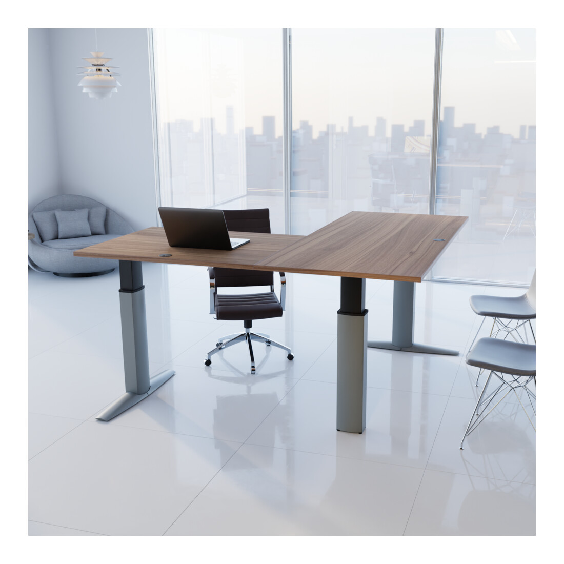 STIER Bureau d'angle 501-23 réglable en hauteur électrique 180 x 180 cm noyer mélaminé 68-120 cm