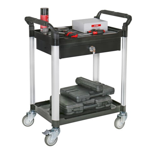 STIER Carrello di servizio con 2 ripiani e cassetto lungh.xlargh.xalt. 860x480x930 mm
