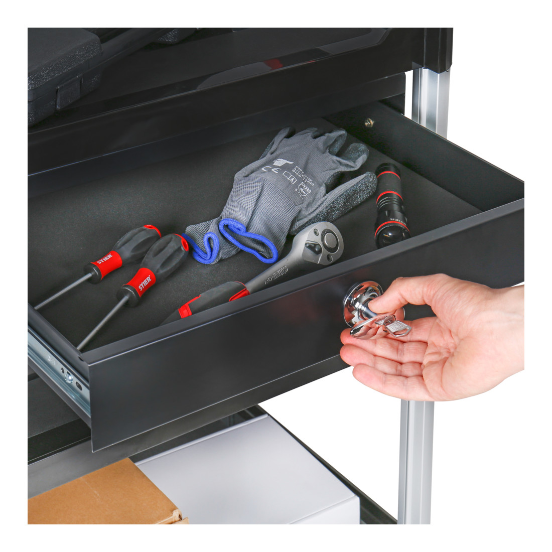 STIER Carrello di servizio con 3 ripiani e cassetto lungh.xlargh.xalt. 860x480x980 mm