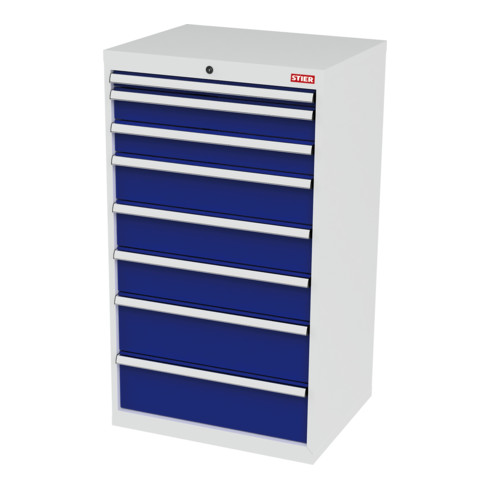 STIER Cassettiera con 8 cassetti largh.xprof.xalt. 700x575x1220 mm grigio luce/blu genziana