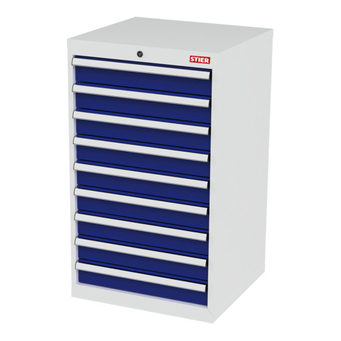 STIER Cassettiera con 9 cassetti largh.xprof.xalt. 600x575x1020 mm grigio luce/blu genziana