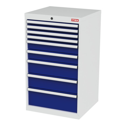 STIER Cassettiera con 9 cassetti largh.xprof.xalt. 600x575x1020 mm grigio luce/blu genziana