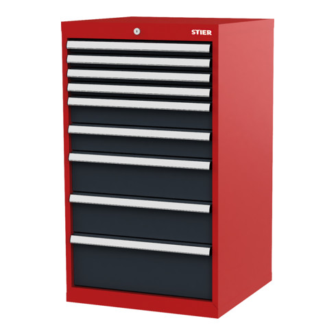 STIER Cassettiera con 9 cassetti largh.xprof.xalt. 600x575x1020 mm rosso/grigio antracite