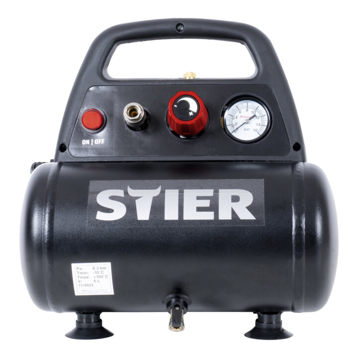 Set STIER Compresseur MKT 215-8-6 sans huile + pistolet de soufflage + tuyau d’air comprimé + manomètre de gonflage SRF