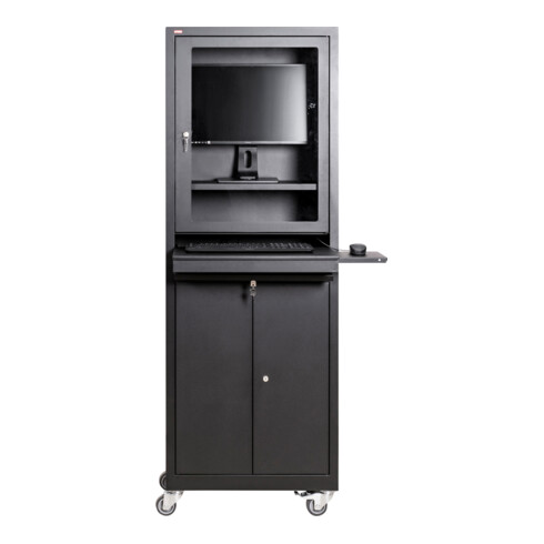STIER Computerschrank mit Schublade, Türen und Rollen 1750x650x550mm schwarz