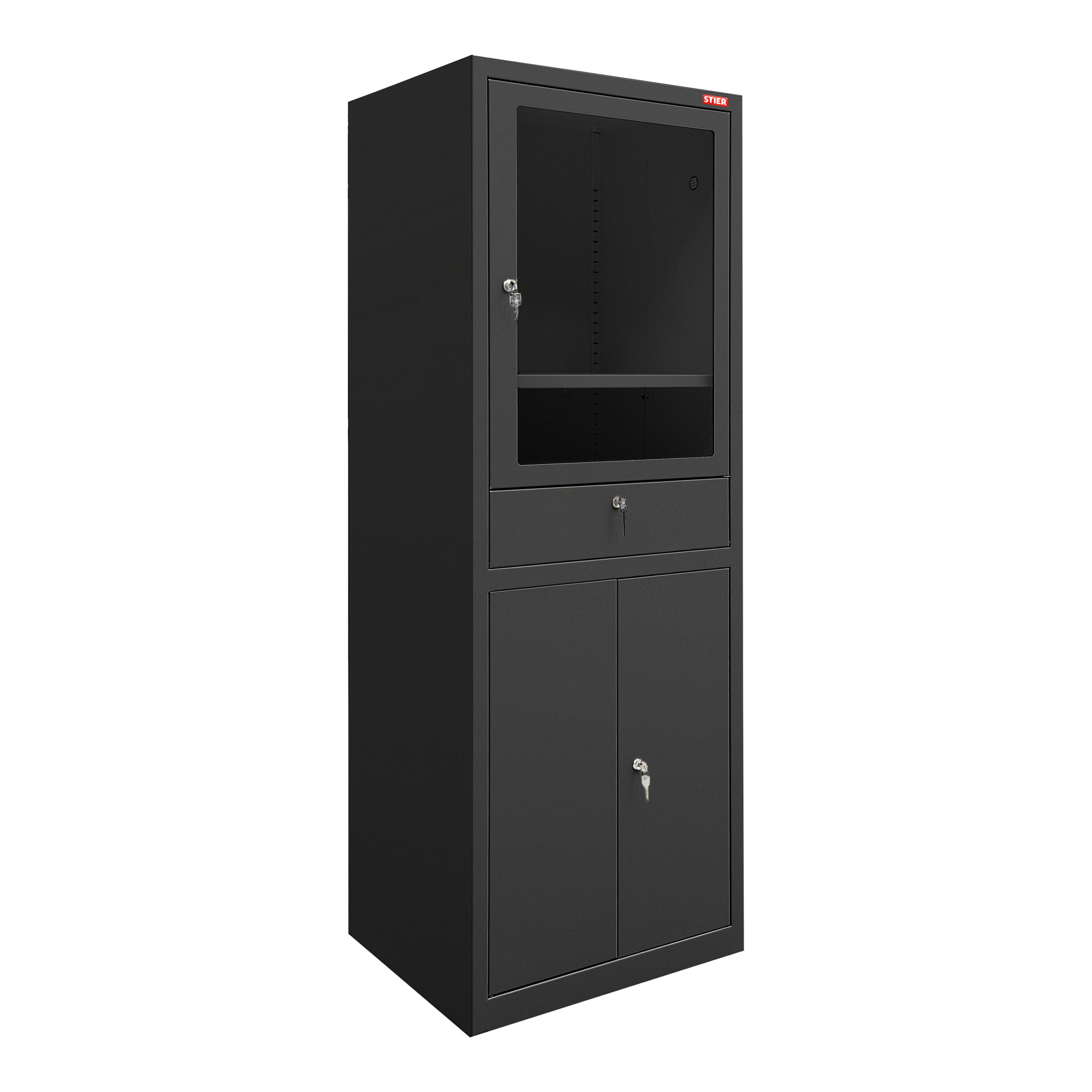 STIER Computerschrank mit Schublade und Türen 1750x650x550mm schwarz