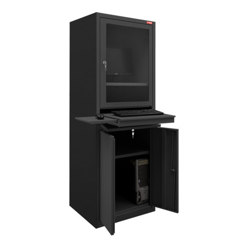 STIER Computerschrank mit Schublade und Türen 1750x650x550mm schwarz