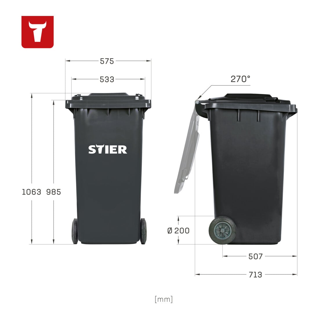 STIER Contenitore grande per rifiuti a 2 ruote 240 l grigio largh.xprof.xalt. 576x720x1067 mm