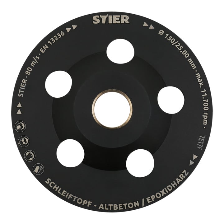 STIER Diamant-Schleiftopf Ø130mm Bohrung 25,0 / 22,23 mm Altbeton/Epoxidharz, Diamantschleifteller