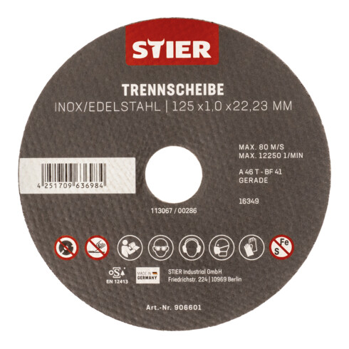 STIER Disco per troncatura acciaio legato 5 pz. 125 x 1,0 x 22,23 mm forma 41