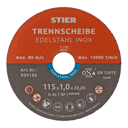 STIER Disco per troncatura / disco flessibile 115 x 1,0 x 22,23 mm diritto inox / acciaio legato