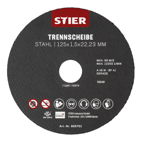 STIER doorslijpschijven staal 125 x 1,5 x 22,23 vorm 41 recht