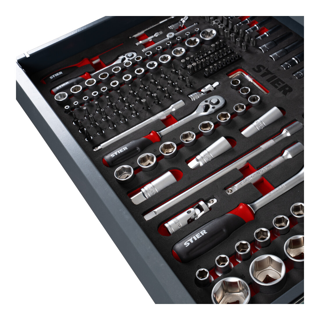 STIER dopsleutelset 1/4" 3/8" 1/2" 179-delig in inlay van zacht schuim (EVA)