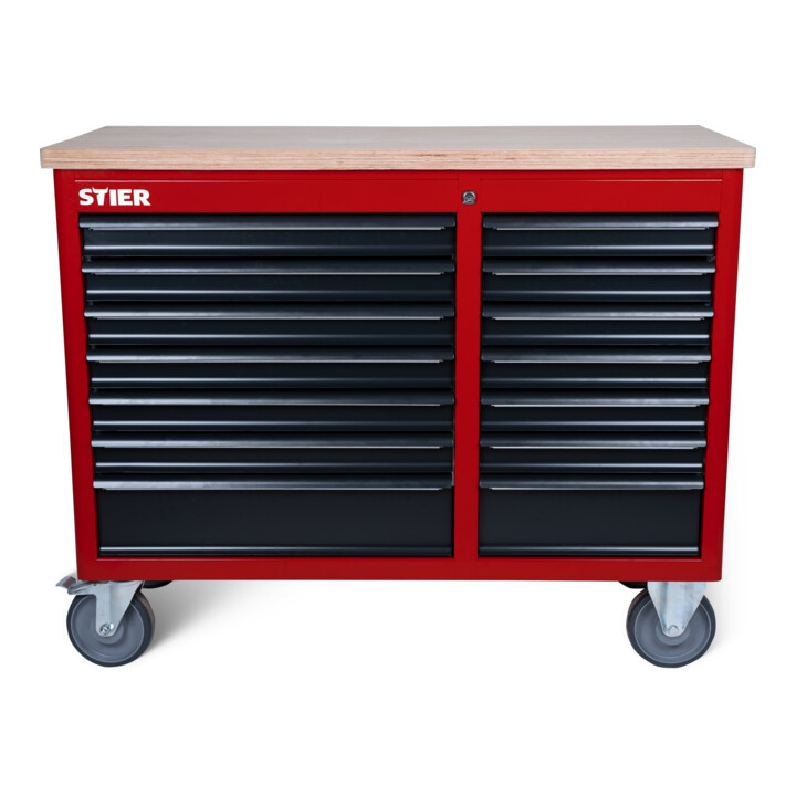 Set STIER Werkstattwagen + Werkbank 14 Schubladen leer