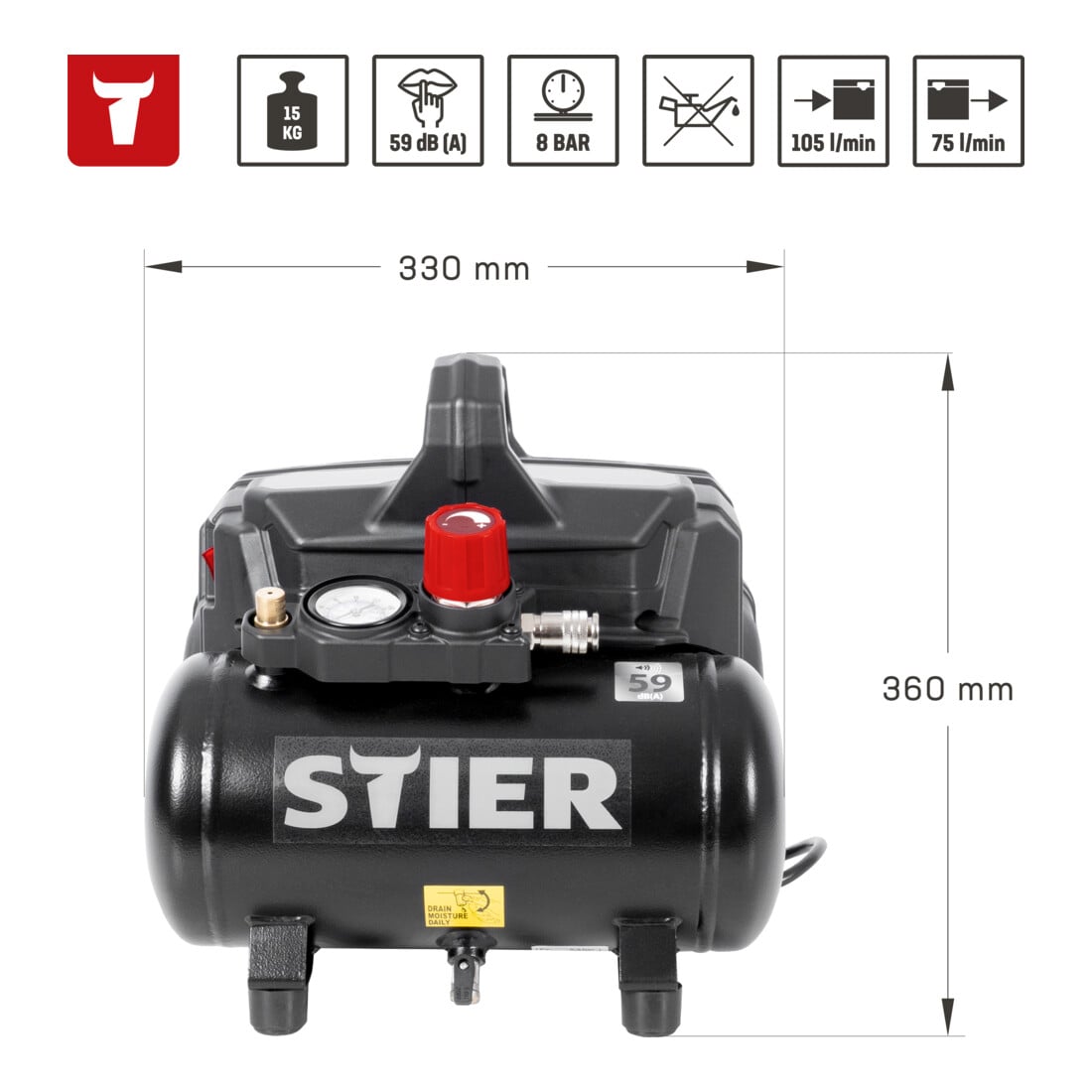 STIER Flüsterkompressor 59 dB(A) | 105 l/min | 8 bar | 6 l | ölfrei