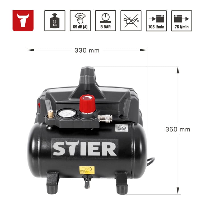 STIER Fluistercompressor 59 dB(A) FKT 105 l/min | 8 bar | 6 l olievrij