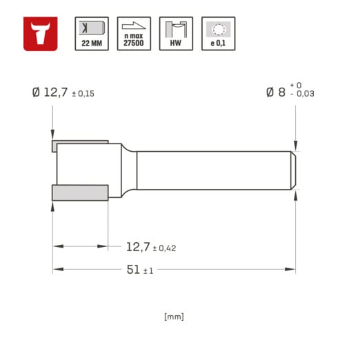 STIER Fraise charnière D12,7 × I12,7 × P8 mm