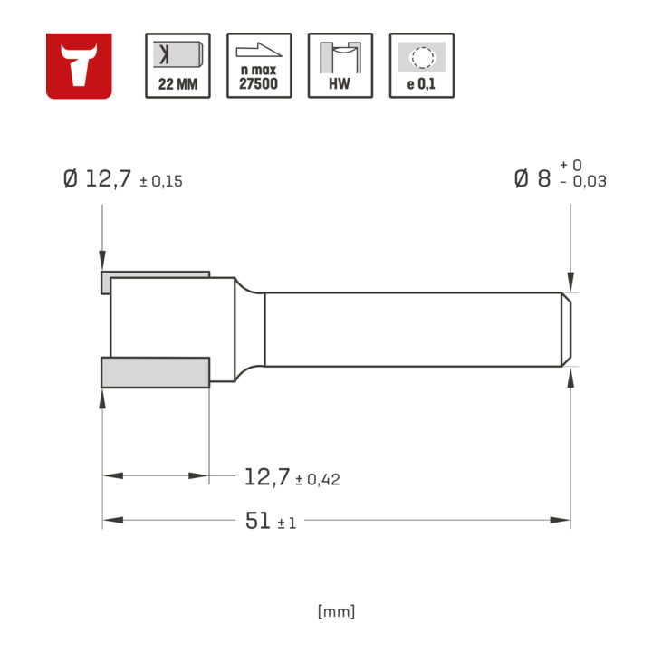 STIER Fraise charnière D12,7 × I12,7 × P8 mm