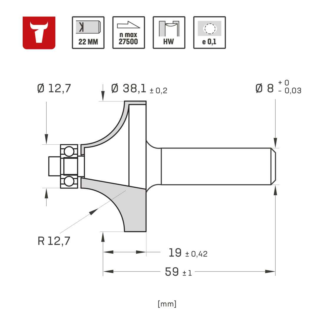 STIER Fresa per arrotondare D38,1 x R12,7 x S8 mm HM (HW)