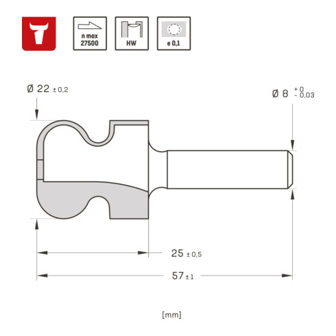 STIER Fresa per maniglie, apertura chiave 8 mm, diametro 22-16 R2,5/6