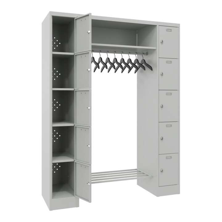 Stier Garderobe, 2 Säulen mit 5 Fächern, 300 mm AB, Hutablage 900 mm, Drehr., RAL 7035