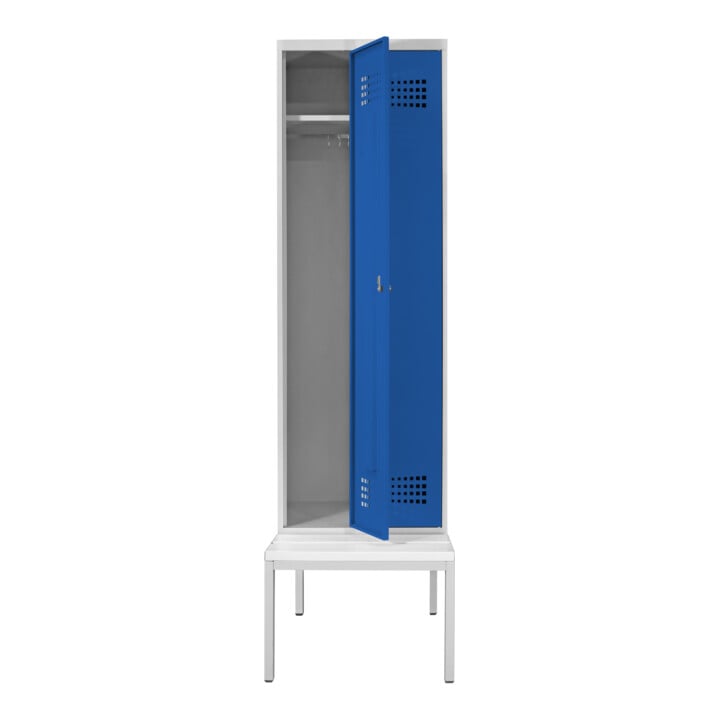 STIER Garderobenspind Premium mit Sitzbankuntergestell 2 Abteile Drehriegel lichtgrau/enzianblau