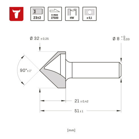 STIER Gipskartonfräser D 32 mm S8 mm 90° für Oberfräsen