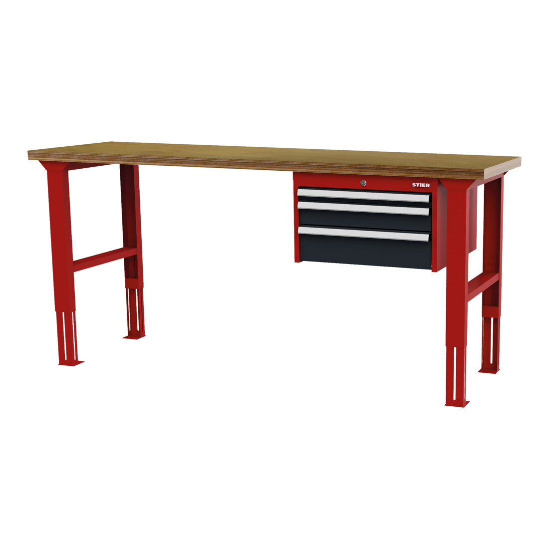 STIER Höhenverstellbare Werkbank mit 1x50, 1x100, 1x150 mm Schubladen BxTxH 1500x600x760-1060 mm RAL 3020 / RAL 7016