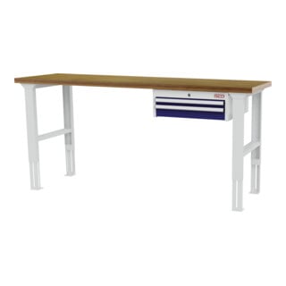 STIER Höhenverstellbare Werkbank mit 1x50, 1x100 mm Schubladen BxTxH 2000x600x760-1060 mm RAL 7035 / RAL 5010